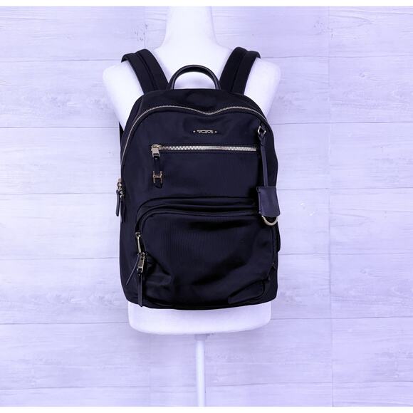 TUMI Voyageur Carson Womens Laptop Backpack Black Nylon Gold Hardware Travel - Picture 1 of 16